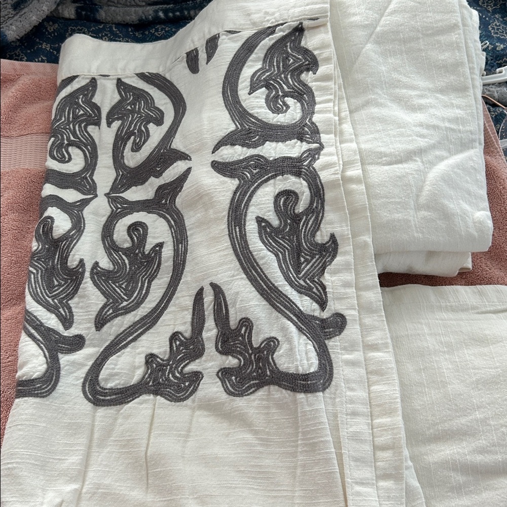 White and Black embroidered Patterned linen curtains 4 panels 84in